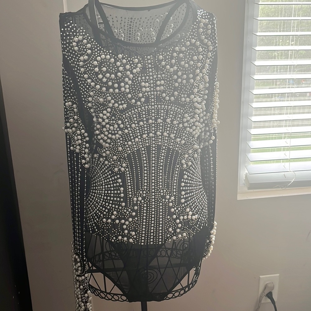 Black Pearl and rhinestone covered bodysuit